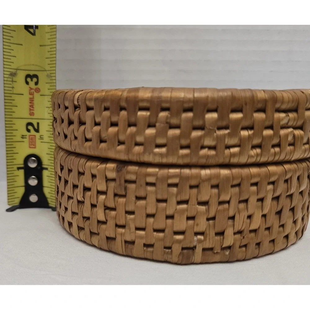 Vintage Round Woven Rattan Lidded Basket - 5
